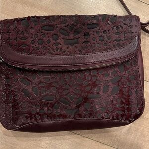 Isabella Fiore Burgundy Leather Laser Cut Calf Hair Flap Over Shoulder Bag